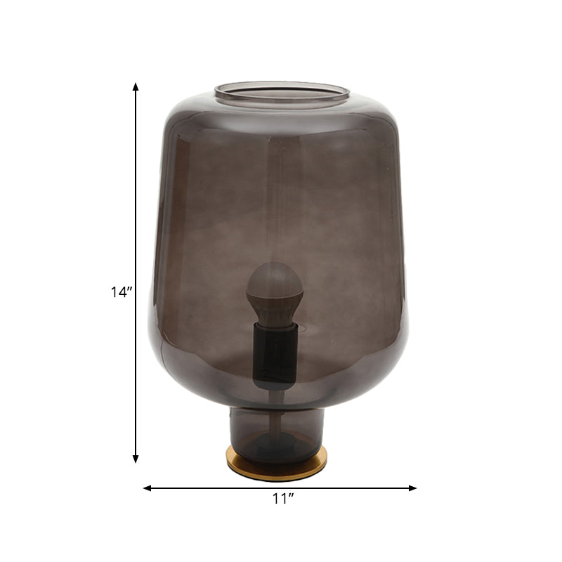 1 Glühbirnenschlafzimmer Nachttisch Leichtes Post moderne Messingschisch Lampe mit Glas Rauchgrau -Glasschatten