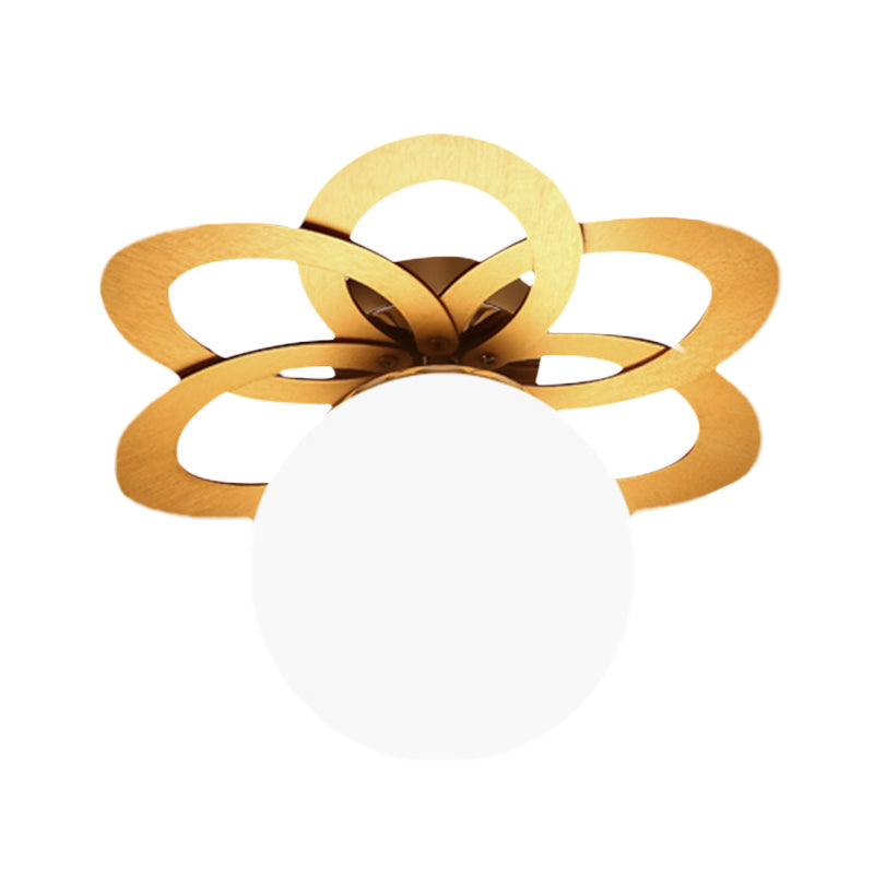 White Frosted Glass Orb Flush Light Modern 1 Light Flush Ceiling Lamp with Gold Flower Canopy