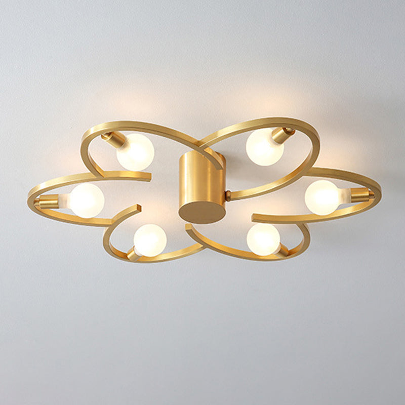 Modern Flower Semi Flush Mount Metallic 5/6-Head Bedroom Close to Ceiling Lighting in Gold