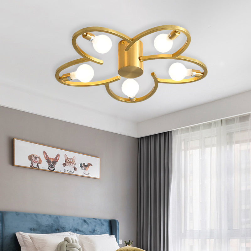 Modern Flower Semi Flush Mount Metallic 5/6-Head Bedroom Close to Ceiling Lighting in Gold