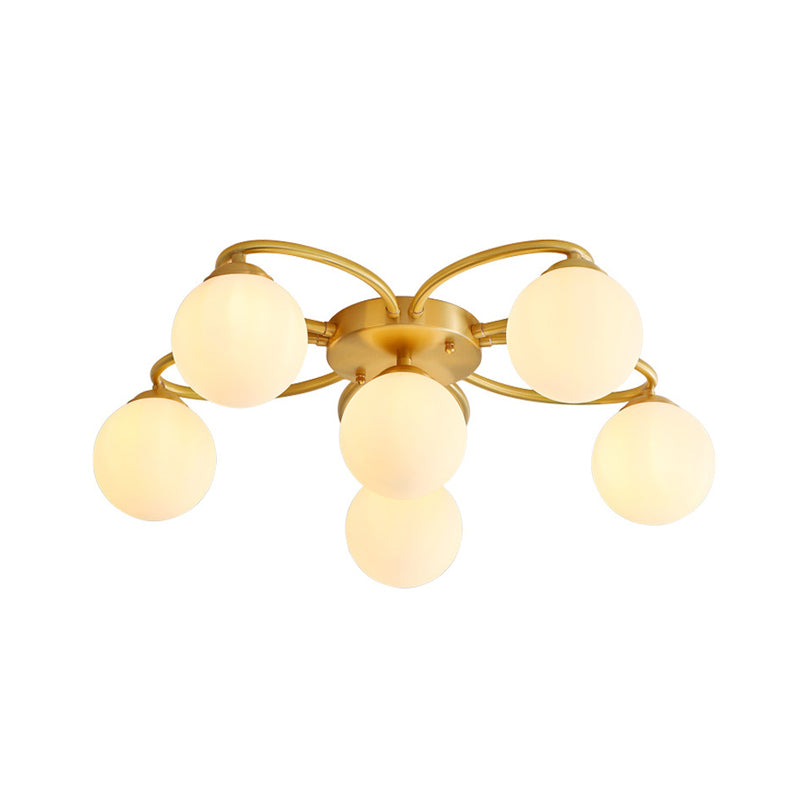 Orb Bedroom Semi Flush Light Opal Verre 6 Heads Modernisme Ligne de plafond Flush en or avec conception de fleurs