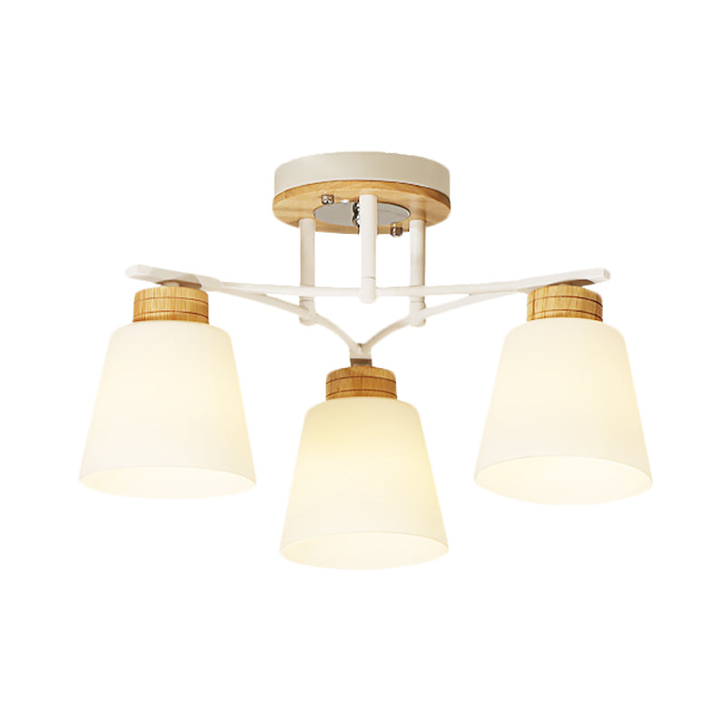 Barril de madera blanca Semi Flush Monteed Modernismo 3/5 Cabezas Vidrio crema cerca de la lámpara de techo