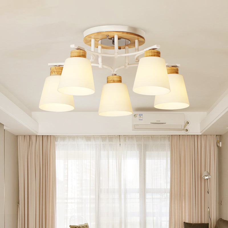 Barril de madera blanca Semi Flush Monteed Modernismo 3/5 Cabezas Vidrio crema cerca de la lámpara de techo