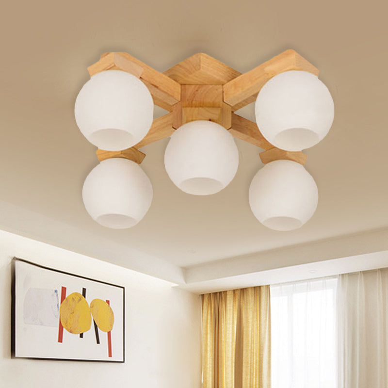 Holz Global Semi Flush Mount Asian 5 Lampen weiße gefrostete Glasspülende Decke Leuchte