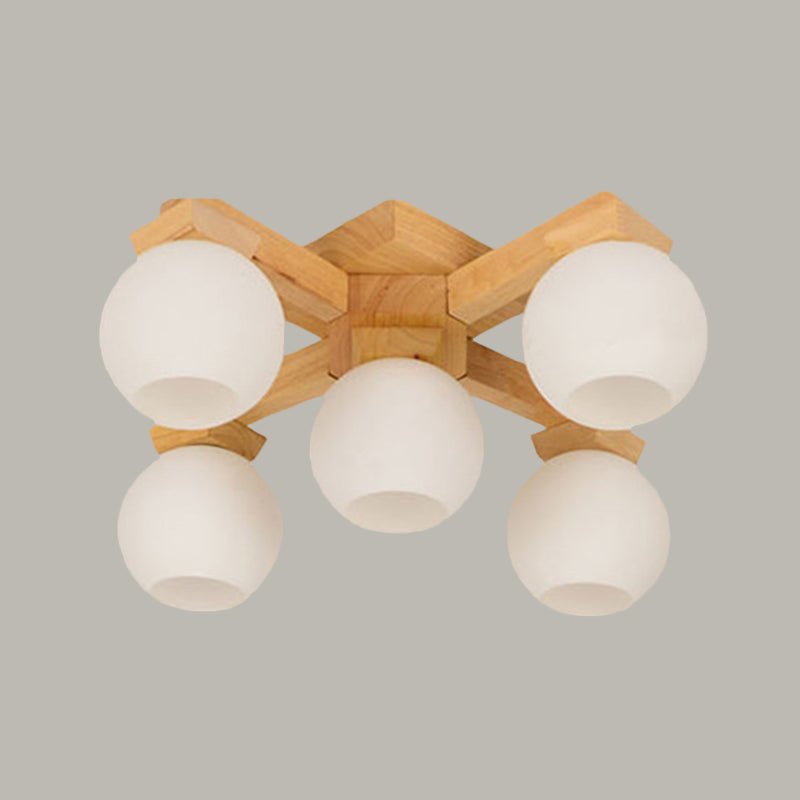 Wood Global Semi Inbouw Aziatische 5 Lampen Wit Matglas Plafondlamp