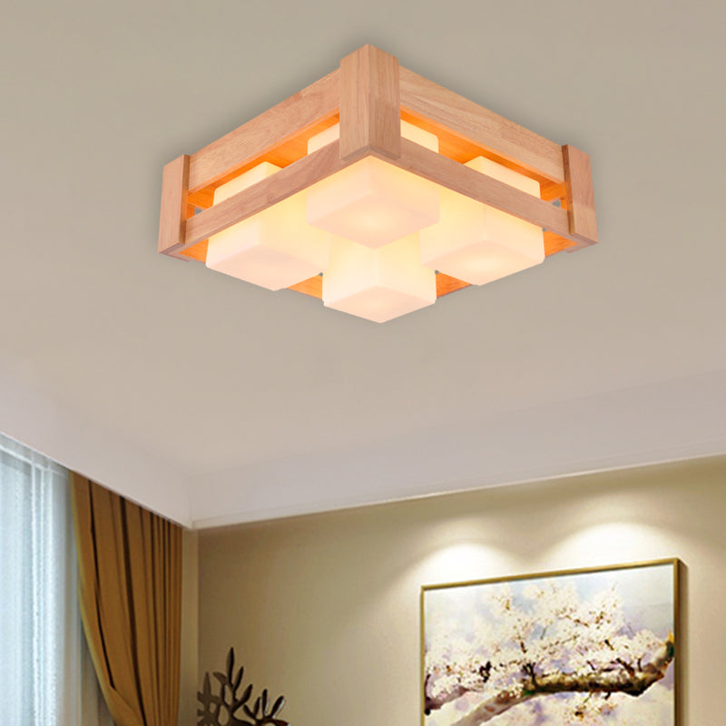 White Glass Square Flushmount Light Modern Asia 4-Light Wood LED Flush Lamp for Living Room
