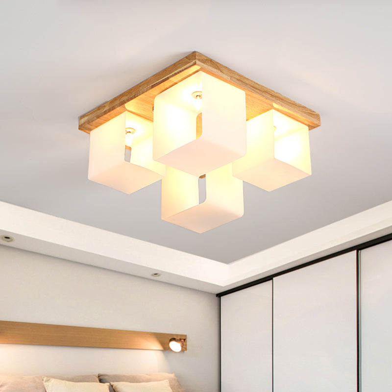 Cube Frame Flush Mount Halterung Japanische Weiß Glas 4-Head Wood LED Flush Ceiling Lighting