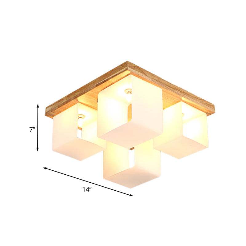 Cube Frame Flush Mount Fixture Japanese White Glass 4-Head Wood LED Flush Ceiling Lighting