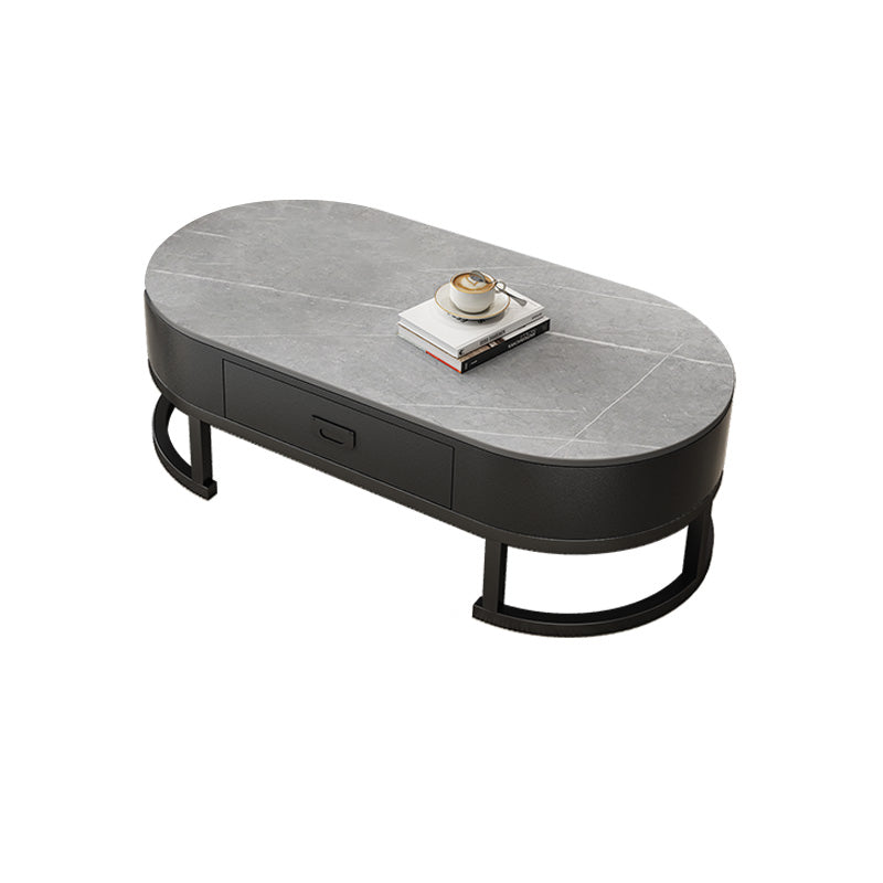 Oval White Coffee Table 2 Legs Slate Coffee Table with Metal Legs