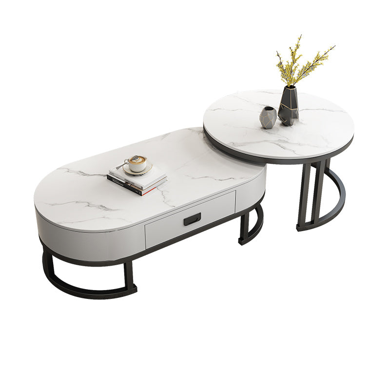 Oval White Coffee Table 2 Legs Slate Coffee Table with Metal Legs