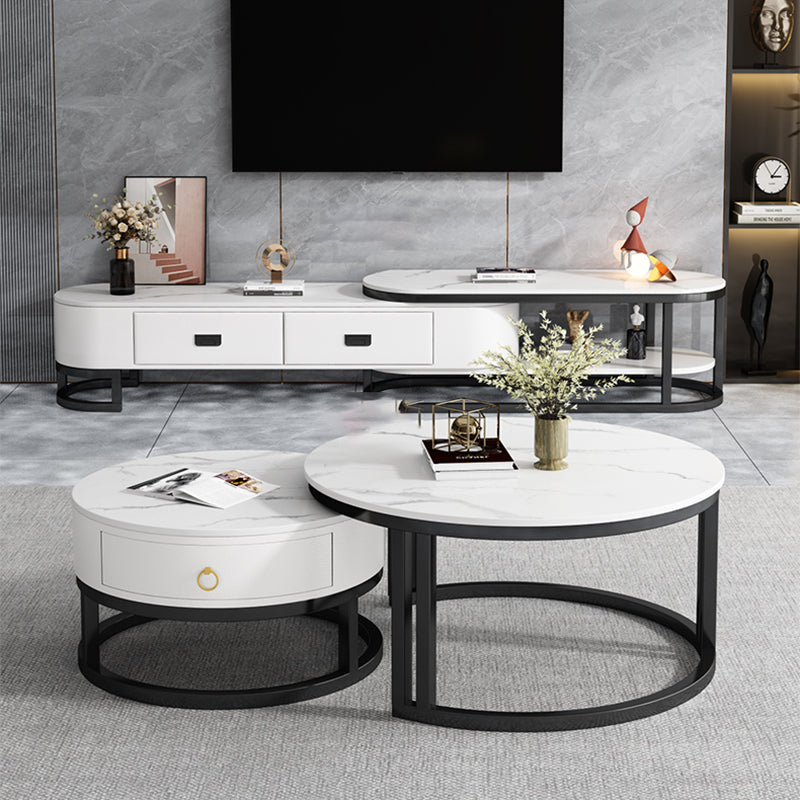 Oval White Coffee Table 2 Legs Slate Coffee Table with Metal Legs