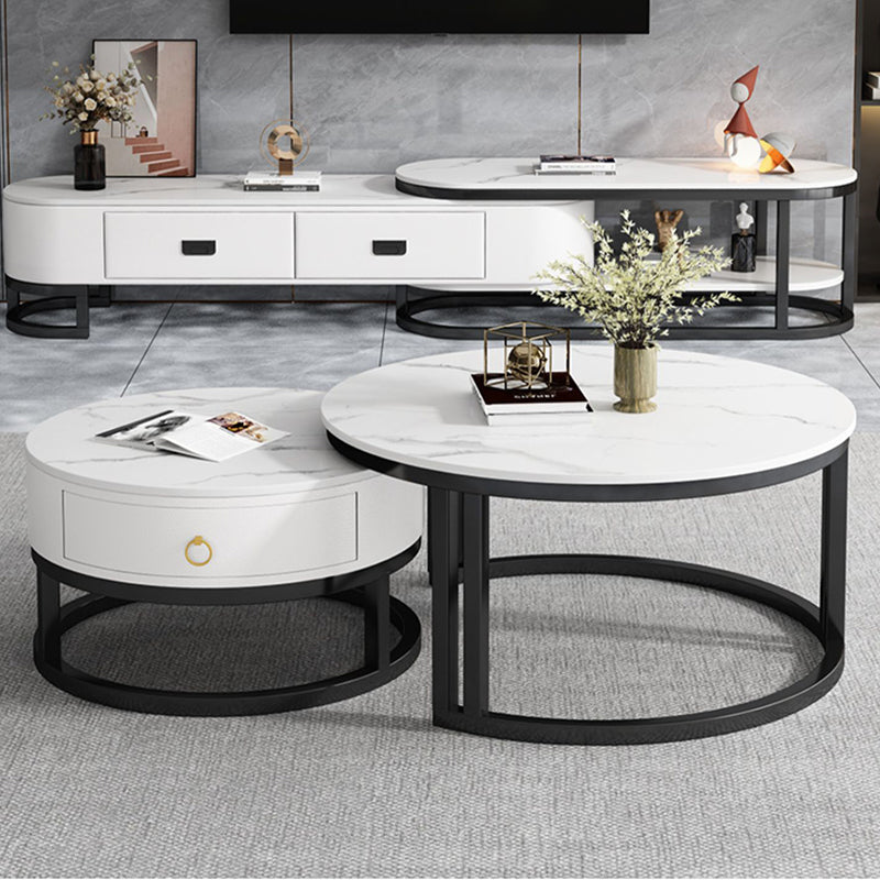 Oval White Coffee Table 2 Legs Slate Coffee Table with Metal Legs