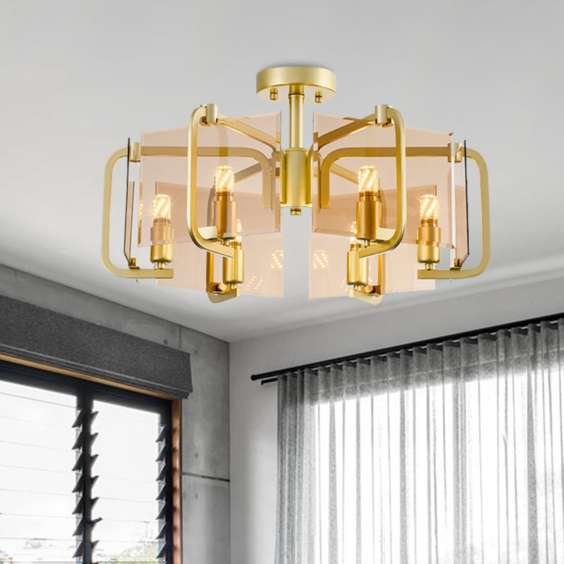Gold Rechteck Panel Halbflush Licht Moderne 6 Lampen Bräune Glas Flush -Lampe mit Trommeldesign