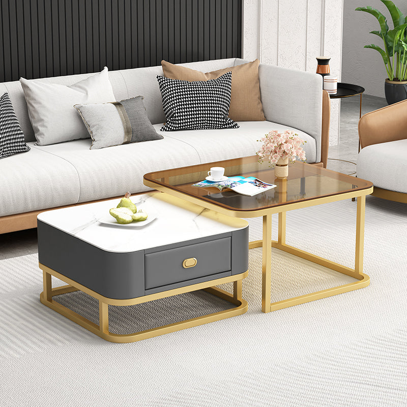 Square Coffee Table Frame Glass Top Coffee Table with Metal Legs