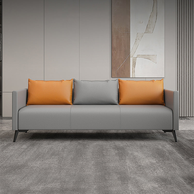 Leather Grey Sofa Stationary Square Arm Seating for Living Room