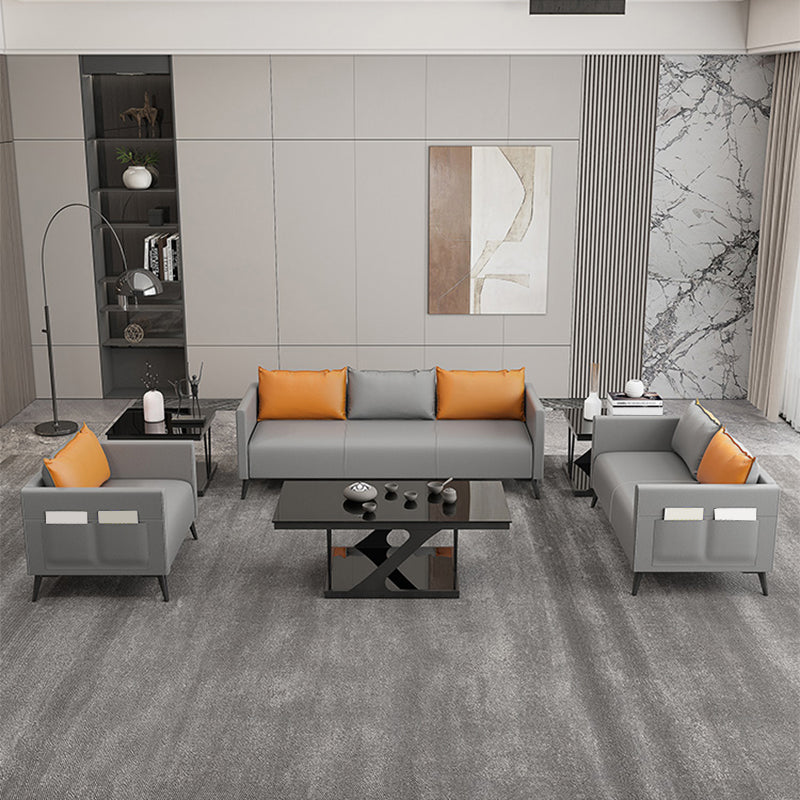 Leather Grey Sofa Stationary Square Arm Seating for Living Room