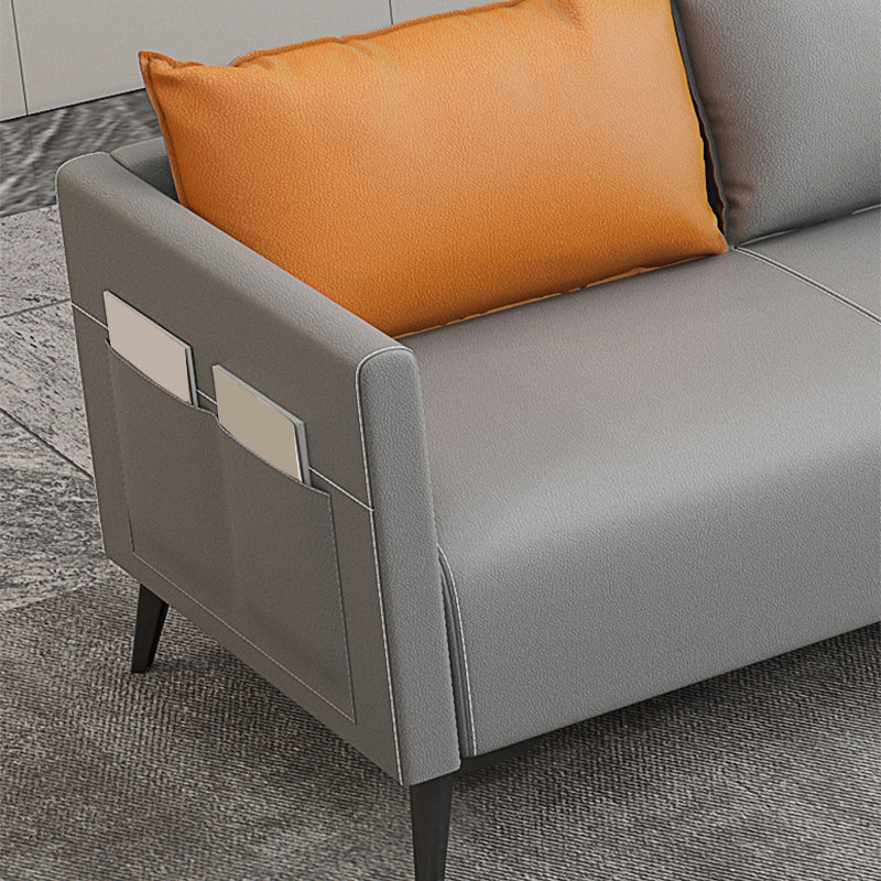 Leather Grey Sofa Stationary Square Arm Seating for Living Room