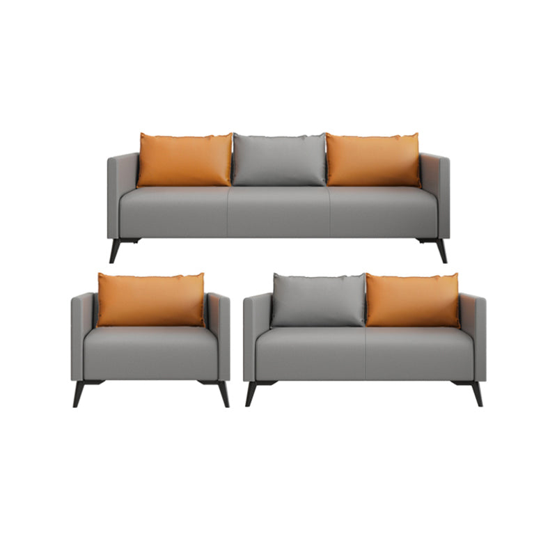 Leather Grey Sofa Stationary Square Arm Seating for Living Room