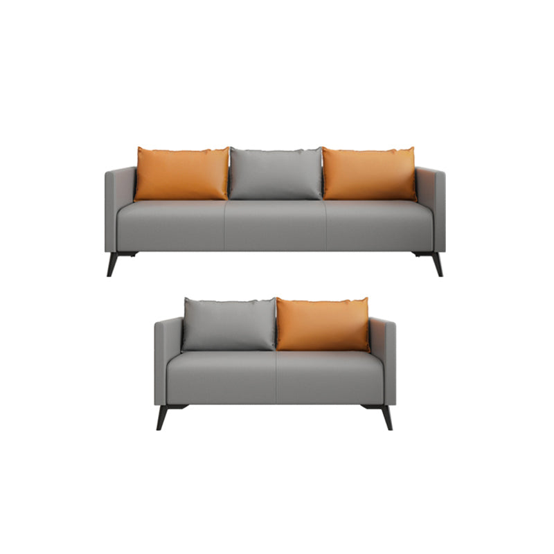 Leather Grey Sofa Stationary Square Arm Seating for Living Room