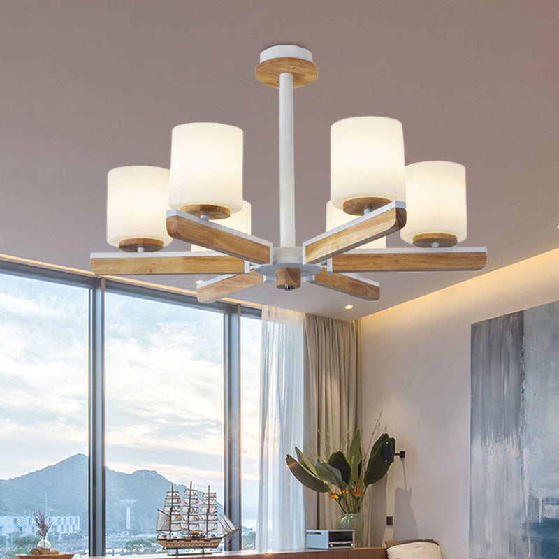 Cylindre moderniste Chandelier blanc givré en verre givré de 6 couches Pendential radial en bois