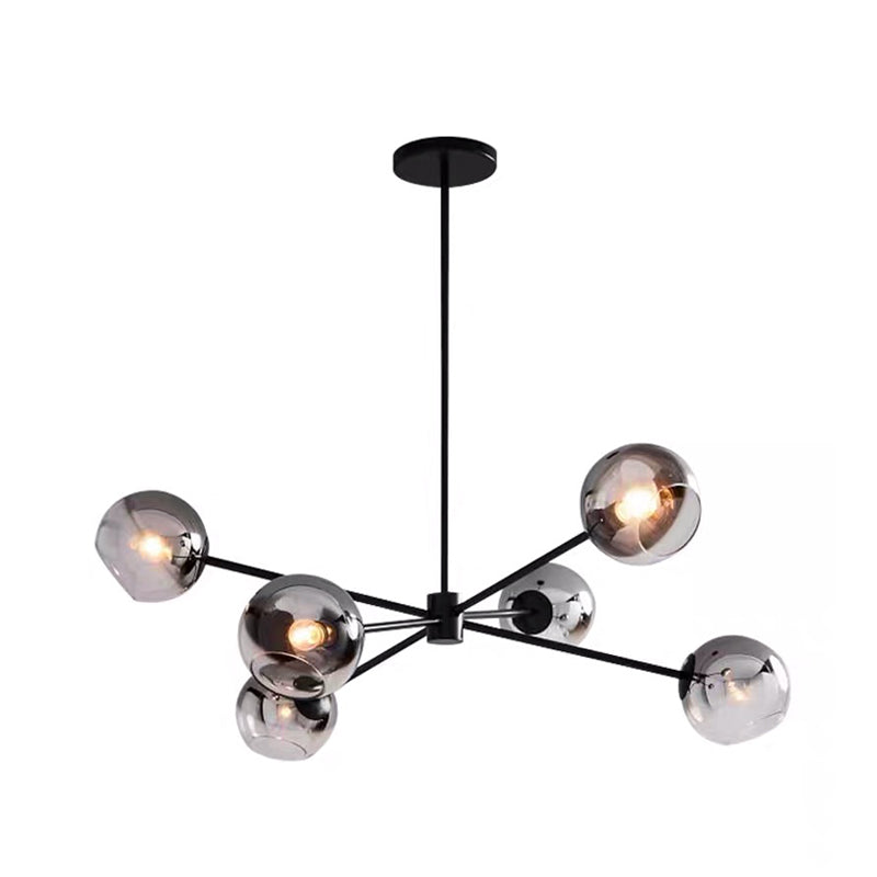 Smoke Gray Glass Ball Chandelier Lighting Minimalist 6-Bulb Black Finish Sputnik Pendant Lamp Fixture