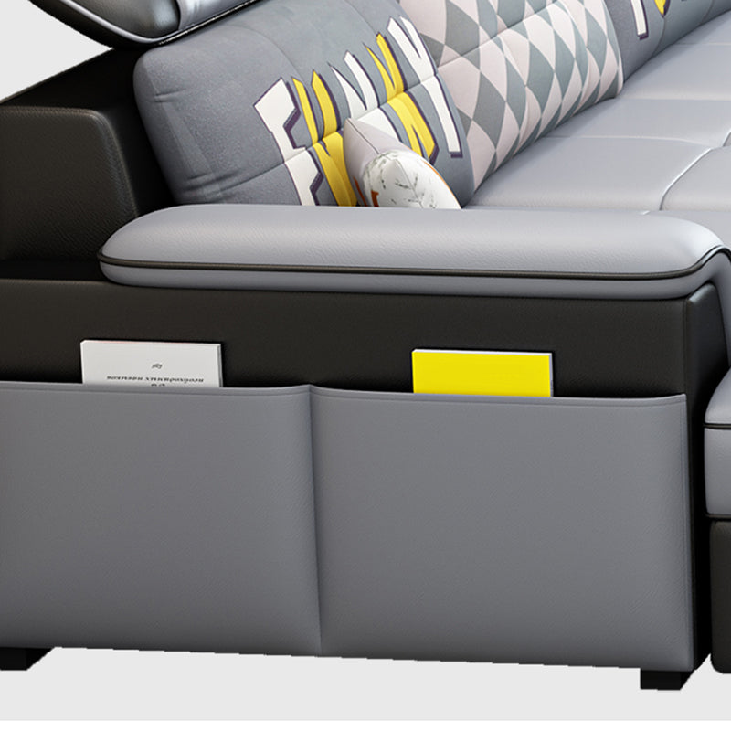 Scandinavian Faux Leather Sectional Sofas Grey L-Shape Modular Sleeper Sectional