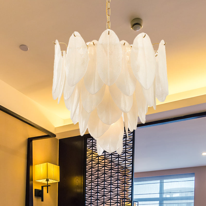 Leaf Pendant Chandelier Contemporary White Textured Glass 6 Bulbs Bedroom Suspension Light in Gold