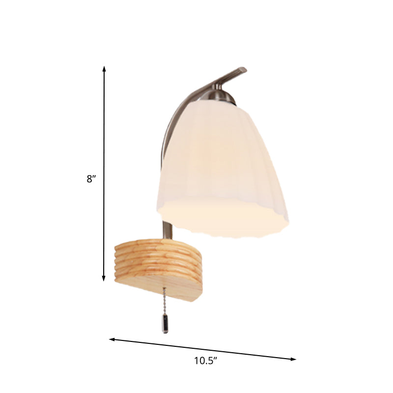 Milk Ribbed Glass Flared Sconce Light Fixture Modern 1 Head Wall Lamp with Pull Chain and Wood Backplate