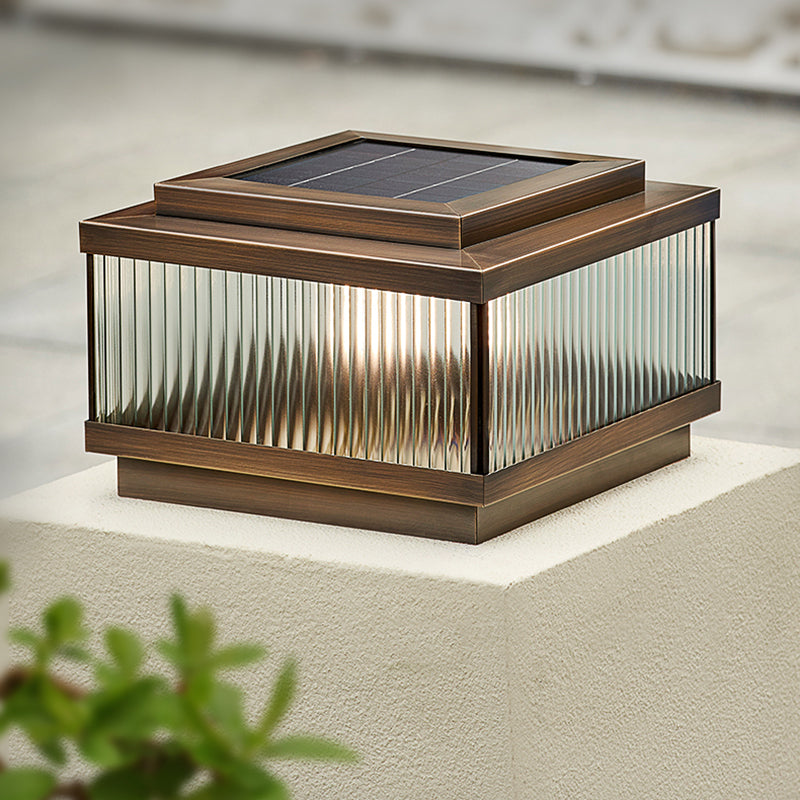 Rectangular Shape Metal Solar Pillar Lamp Modern Style 1 Light Outdoor Light in Bronze