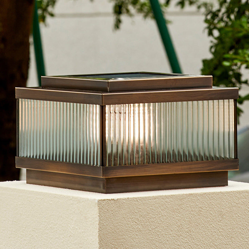 Rectangular Shape Metal Solar Pillar Lamp Modern Style 1 Light Outdoor Light in Bronze