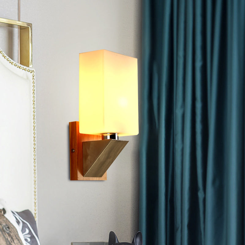 Cuboid Sconce Lighting Modernist White Frosted Glass 1 Head Wood Wall Lamp with Triangle Metal Base