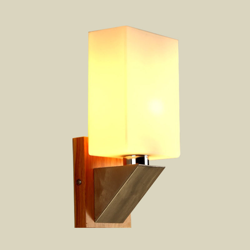 Cuboid Sconce Lighting Modernist White Frosted Glass 1 Head Wood Wall Lamp with Triangle Metal Base