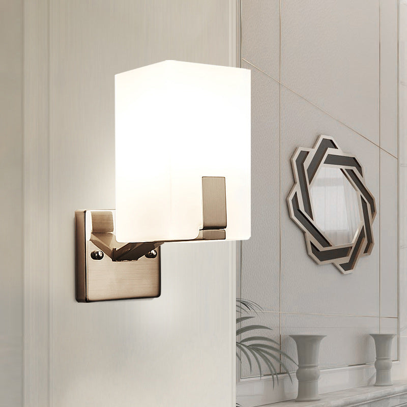 White Frosted Glass Cuboid Wall Light Sconce Modernism 1 Light Wall Mounted Lamp in Nickel