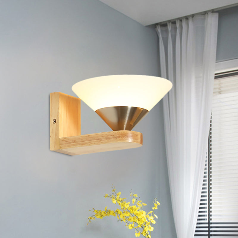 1 Bulb Bedside Wall Sconce Modern Wood and Nickel Wall Light Fixture with Cone White Glass Shade