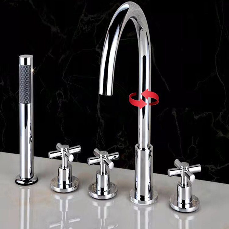 Contemporary Bathroom Faucet Deck Mounted Copper Low Arc Swivel Roman Tub Faucet Set