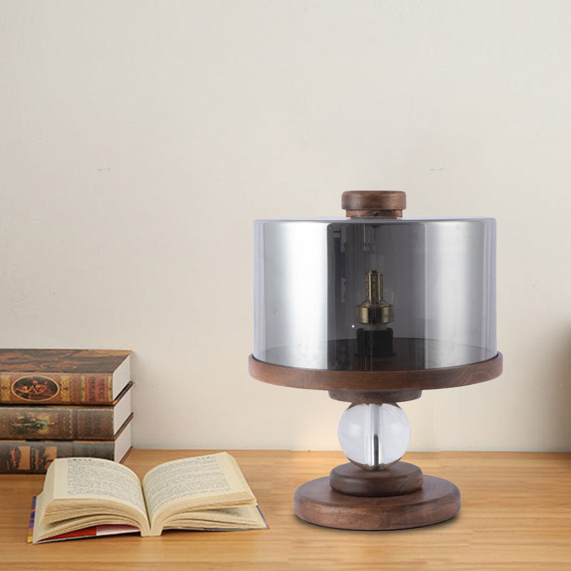 Black Glass Drum Table Lighting Modern Single Light Brown Wood Night Lamp for Living Room