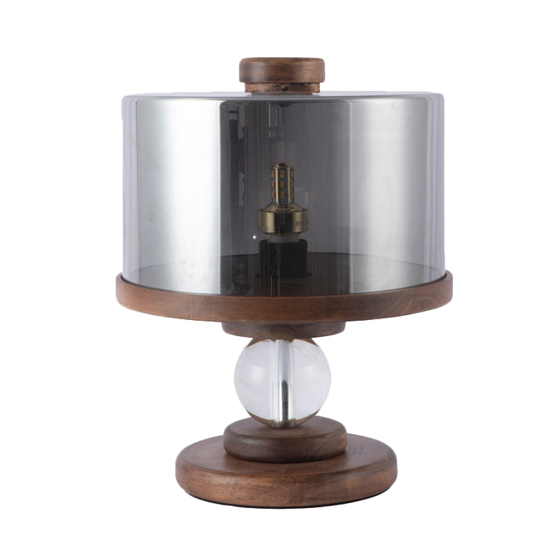 Black Glass Drum Table Lighting Modern Single Light Brown Wood Night Lamp for Living Room