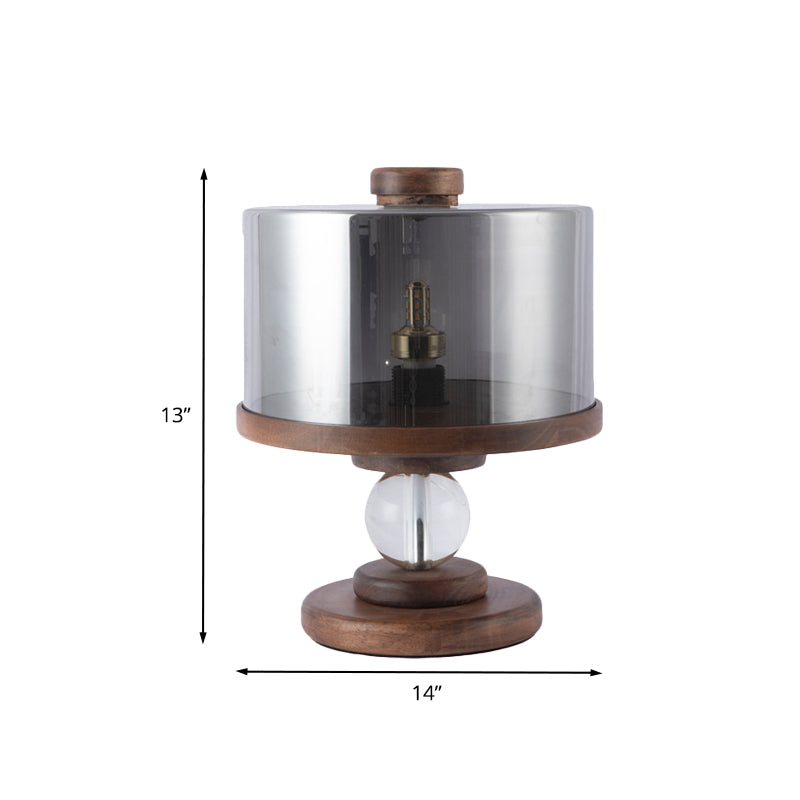 Black Glass Drum Table Lighting Modern Single Light Brown Wood Night Lamp for Living Room