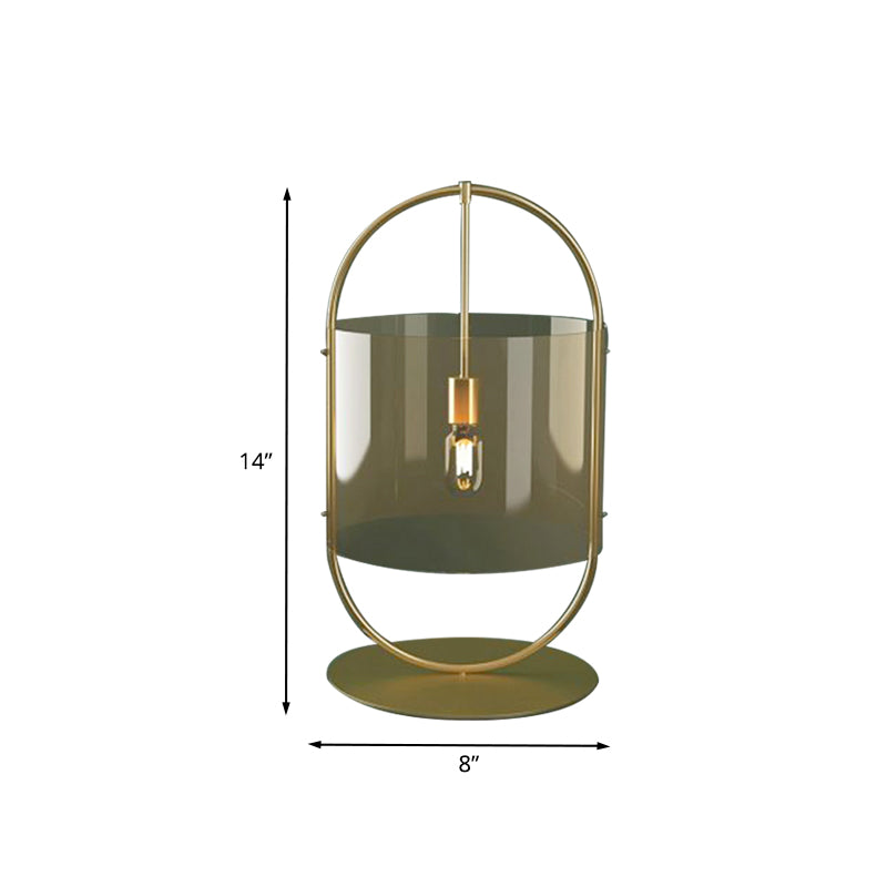 Lampada da comodino in vetro marrone chiaro a 1 testa con illuminazione da scrivania a cilindro dorato e anello ovale