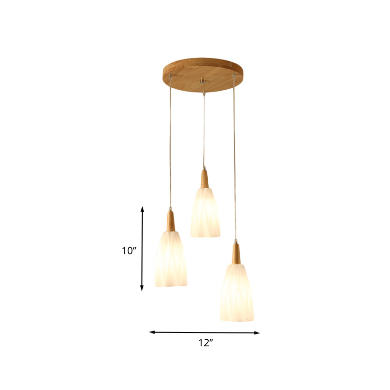 Mit de lampe suspendue à 3 légers japonais en verre en verre en verre blanc avec une verrière en bois rond