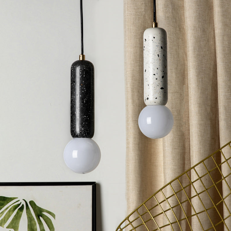 Capsule Pendant Minimalism Marble 1 Light Bedside Mini Hanging Lamp with Orb Opal Glass Shade in White/Black