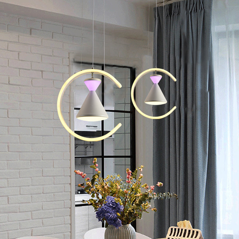 White Finish Hourglass and Ring Pendant Minimalist LED Acrylic Hanging Light Kit over Table