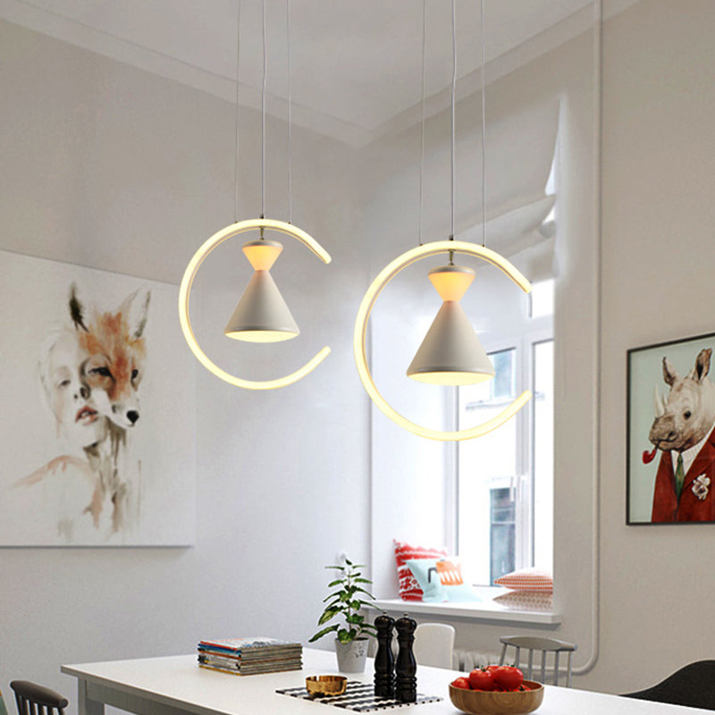 White Finish Hourglass and Ring Pendant Minimalist LED Acrylic Hanging Light Kit over Table