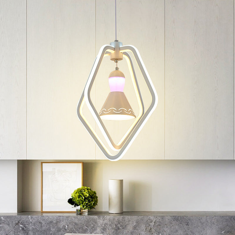 Acrylic Dual Pentagon Frame Hanging Lighting Minimalist LED White Pendant Lamp with Bell Inside