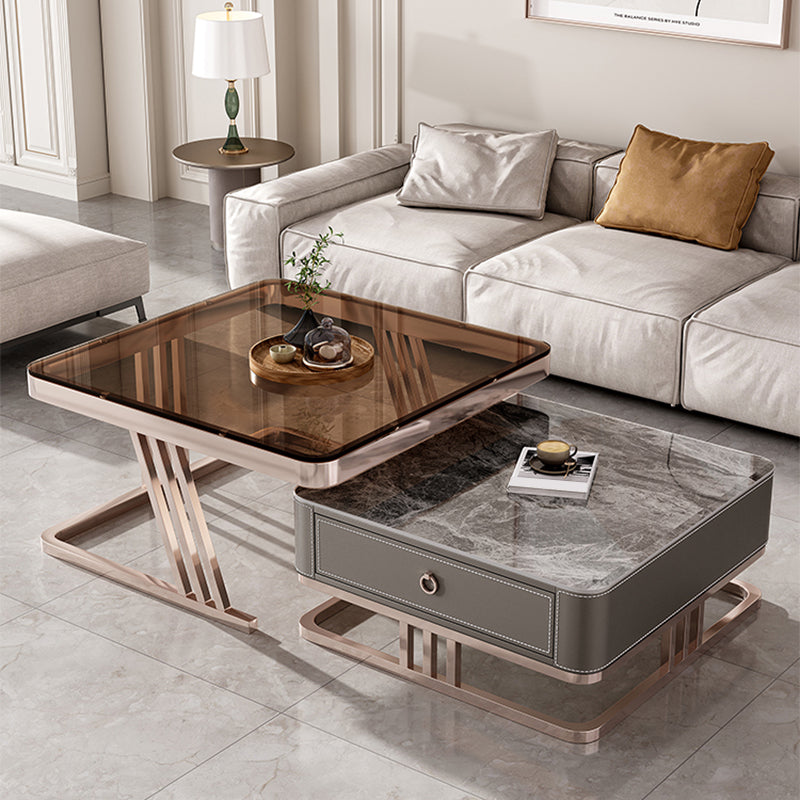 Square Coffee Table Glass Top Coffee Table Set with Golden Legs