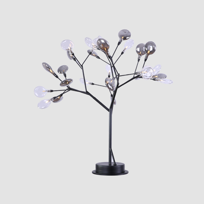 Lampada da tavolo con rami metallici Lampada da tavolo moderna a LED nera a 27 luci con paralume in vetro grigio fumo a foglia
