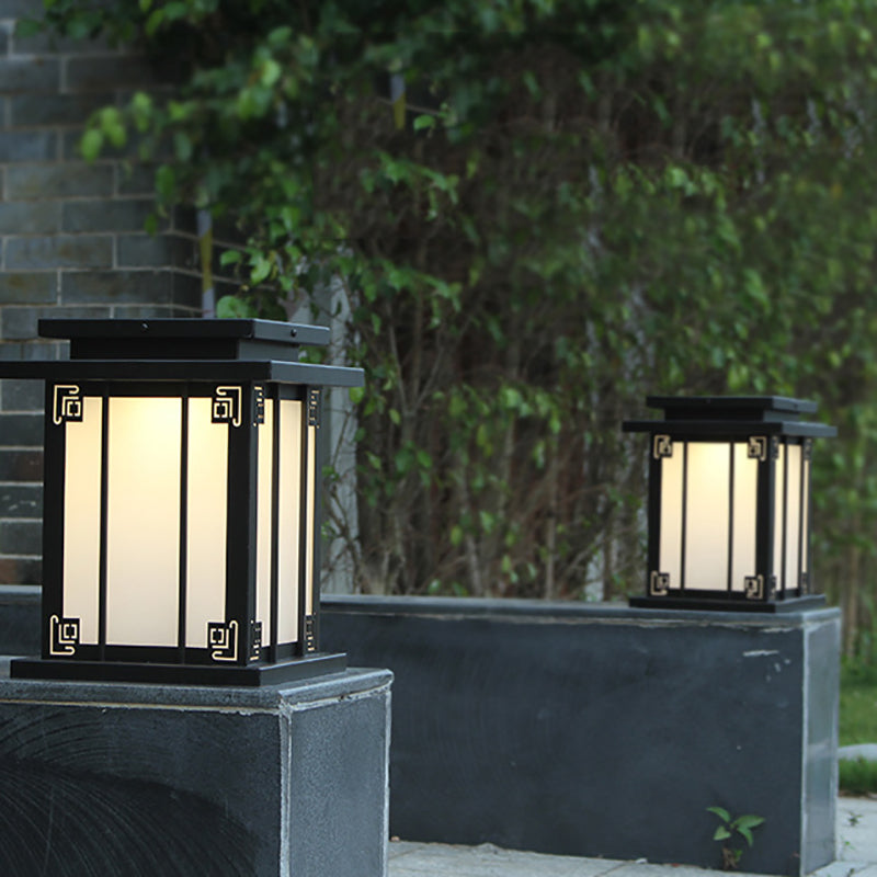 Metal Rectangular Shape Outdoor Lights Modern Style 1-Light Solar Pillar Lamp in Black