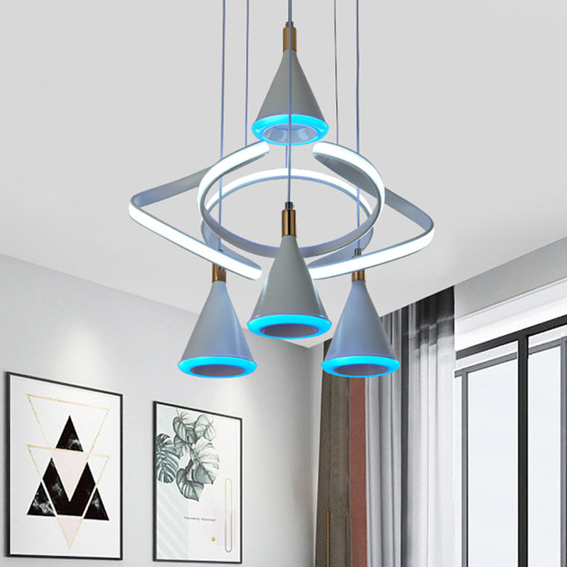 Cone acrylique multiples suspension de plafond de plafond à LED gris moderne 4-Light avec poutre à bande