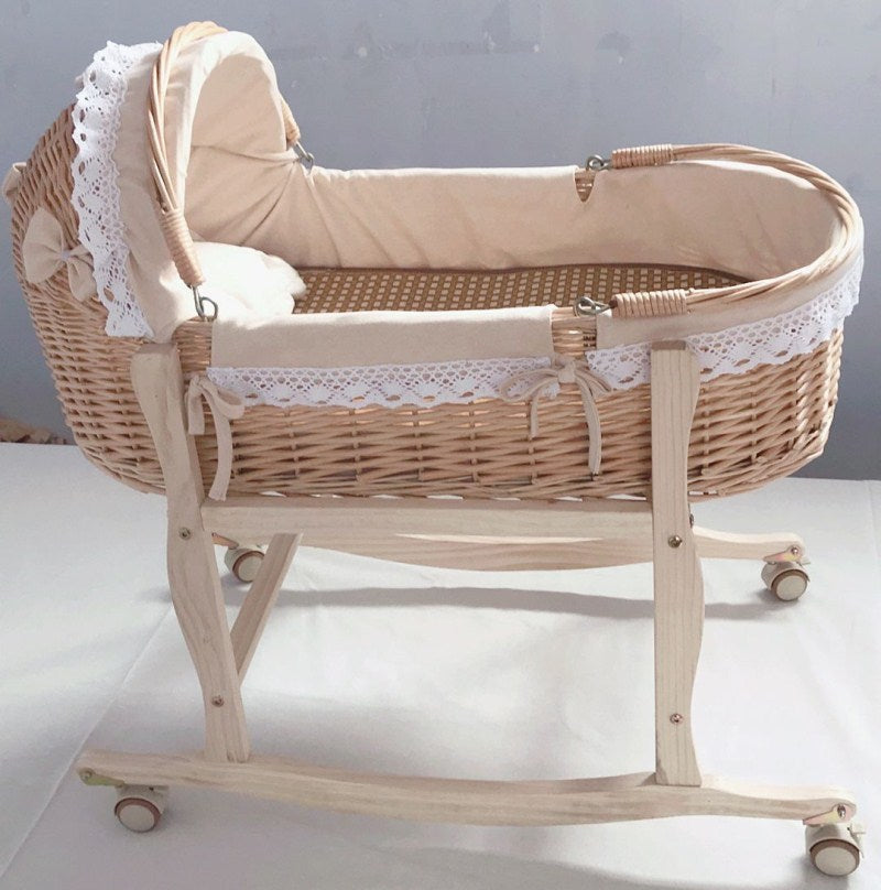Newborn Wicker Co-Sleeper & Bedside Bassinets with 4 Wheels Rectangle Side Crib