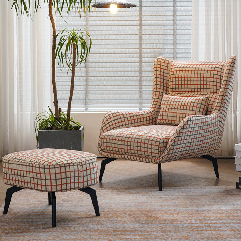 Fabric Lounge Chair Flared Arms Plaid Side Chair with Black Legs